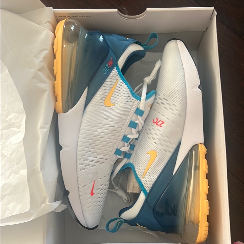 Nike Air Max 270 White with Yellow and Blue Accents